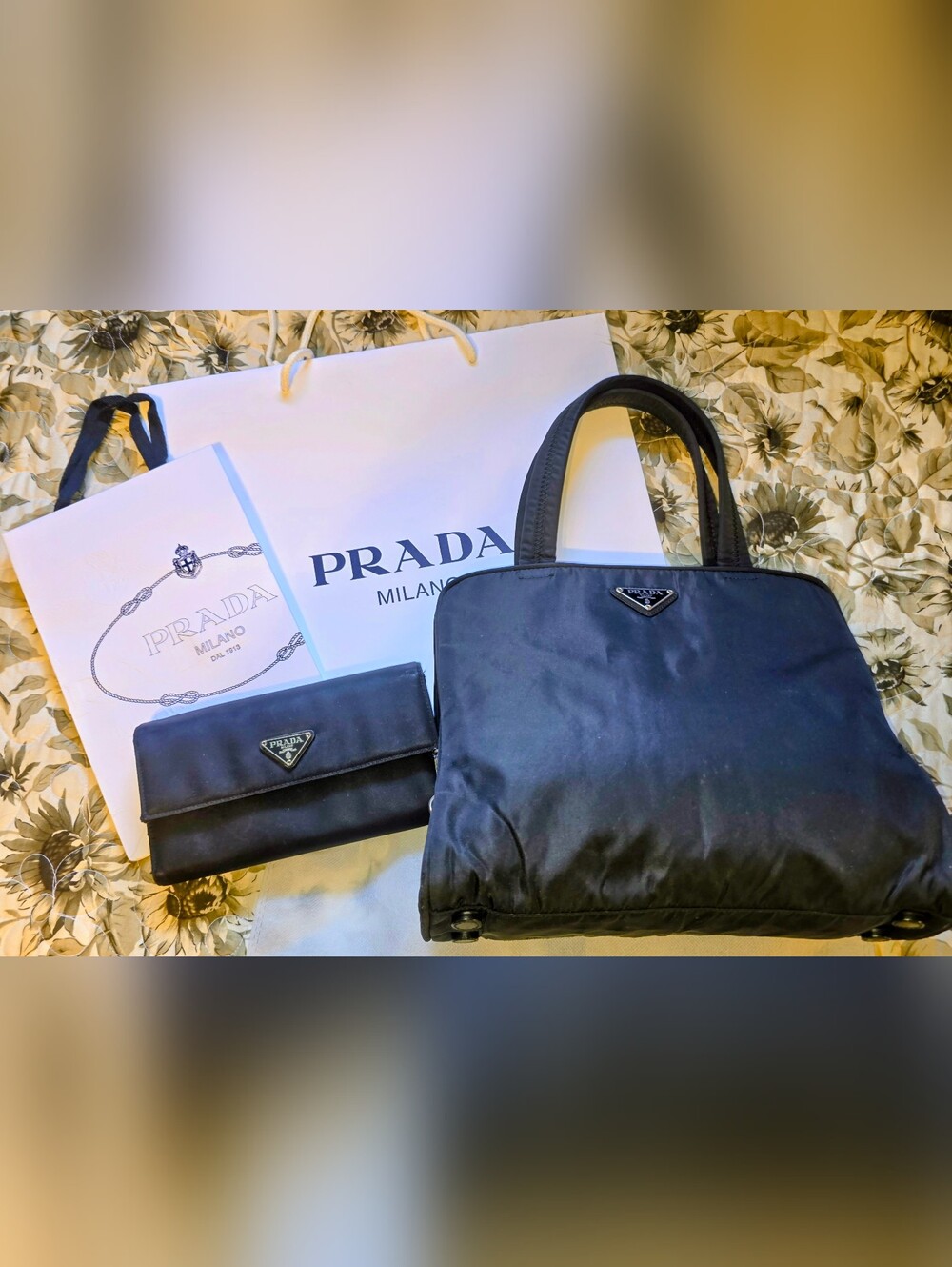 Prada Tessuto Velo Nylon Continental Wallet + Top Handle Purse W Triangle Logo